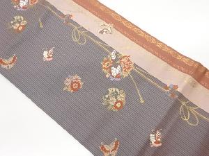 縞に紐・蝶・花葉模様刺繍名古屋帯